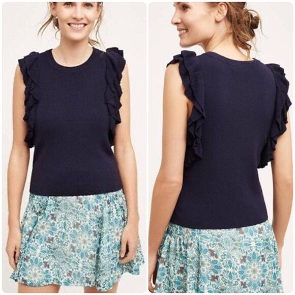 Anthro Knitted & Knotted Navy Blue Sleeveless Ruffled Crew Neck Sweater S Petite - Picture 1 of 9